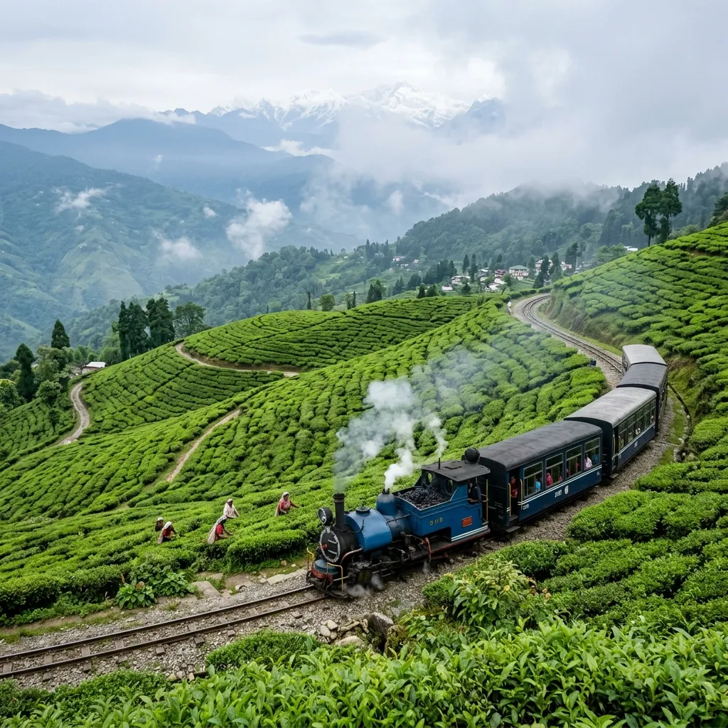Darjeeling toy train through tea gardens
