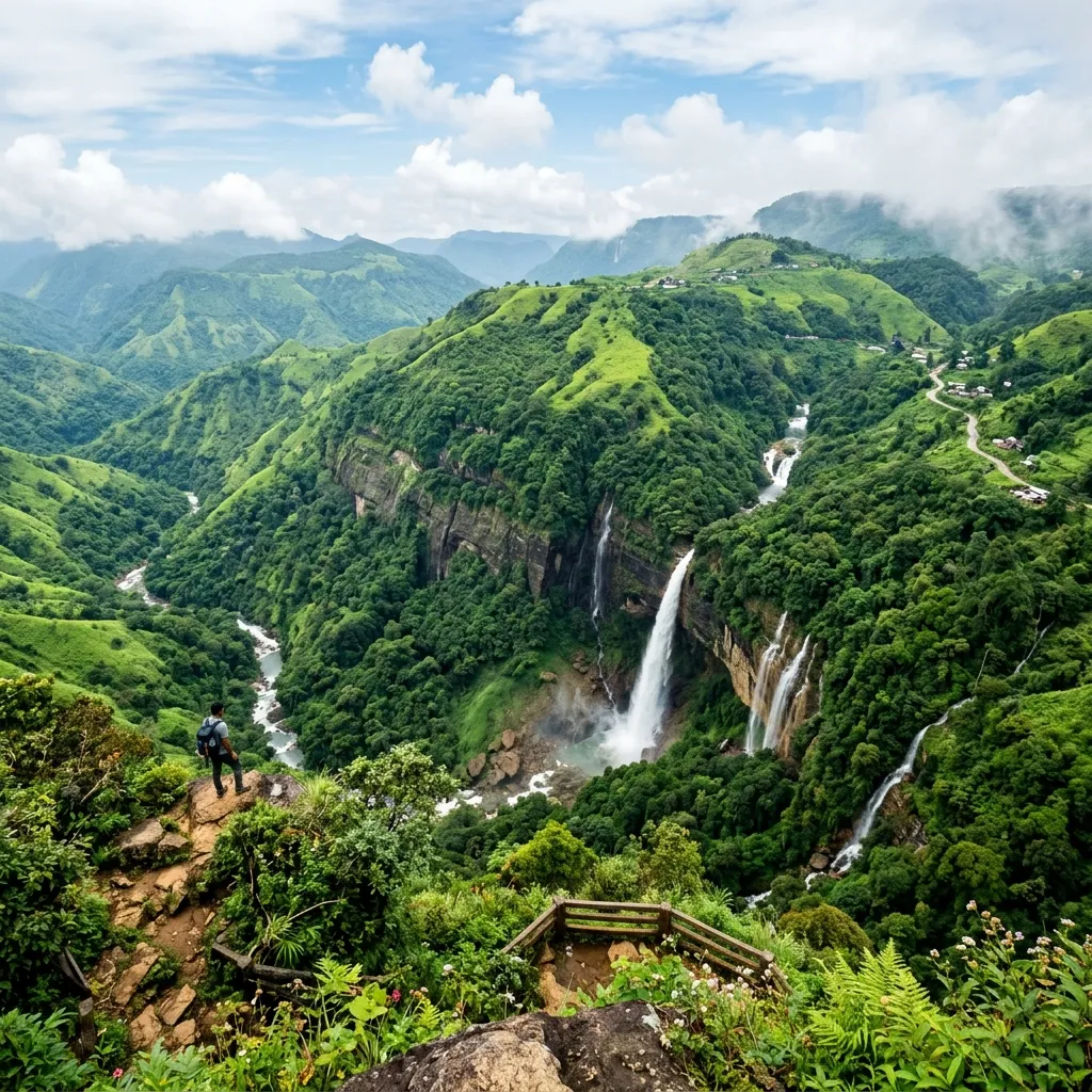 Meghalaya waterfalls and lush green hills