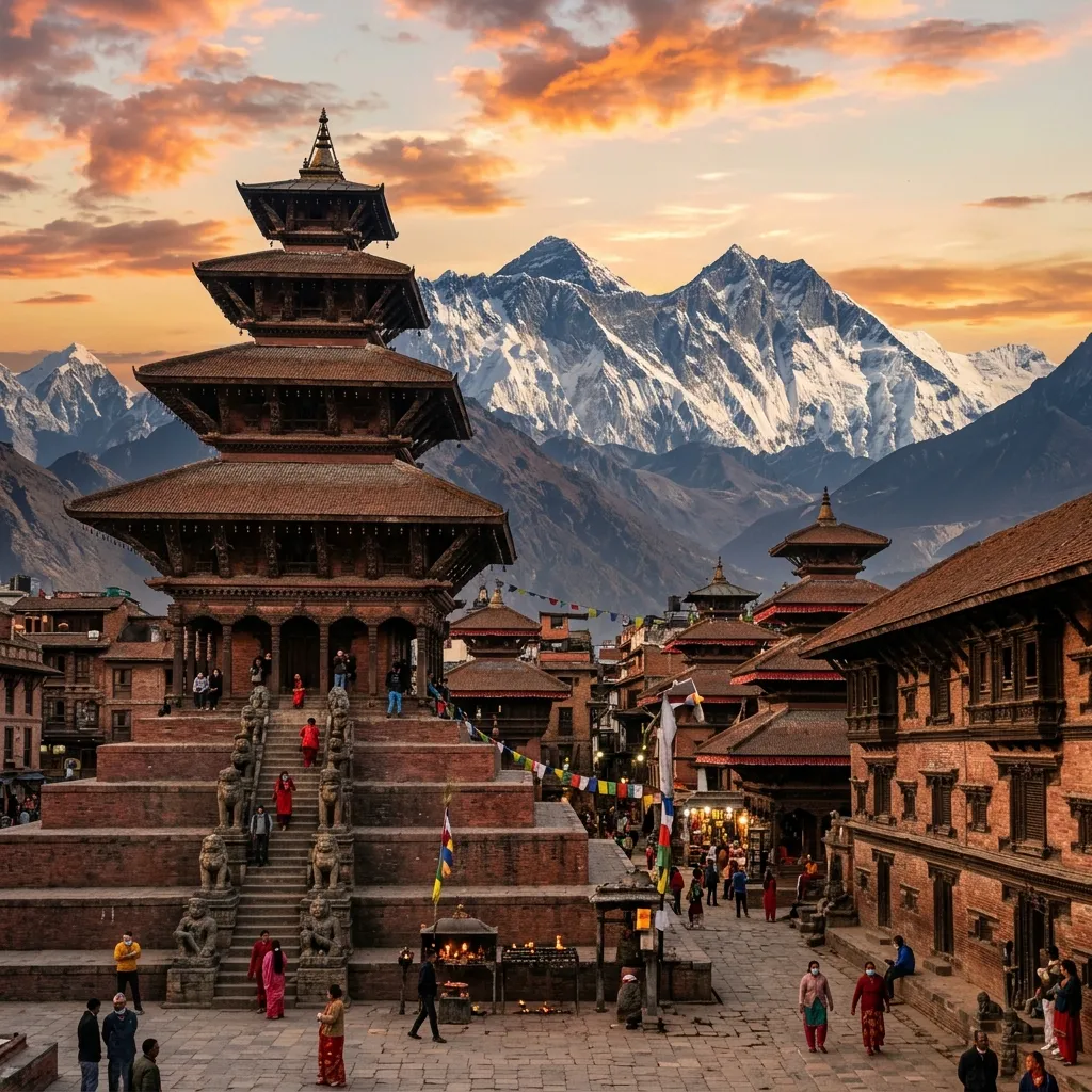 Nepal ancient temples with Himalayan backdrop at sunset